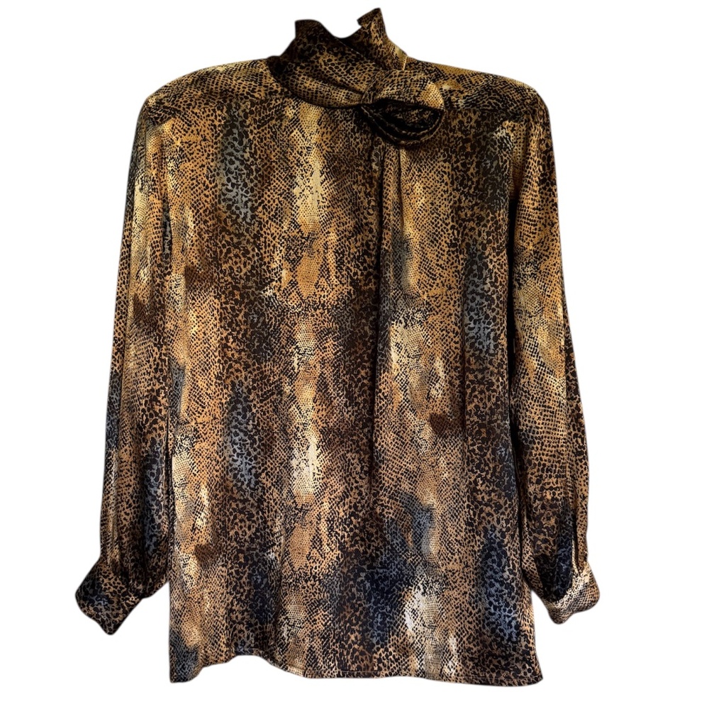 Vintage Escada 100% Silk Animal Print Mock Neck Blouse Top‎ Rosette Size 34 US 4